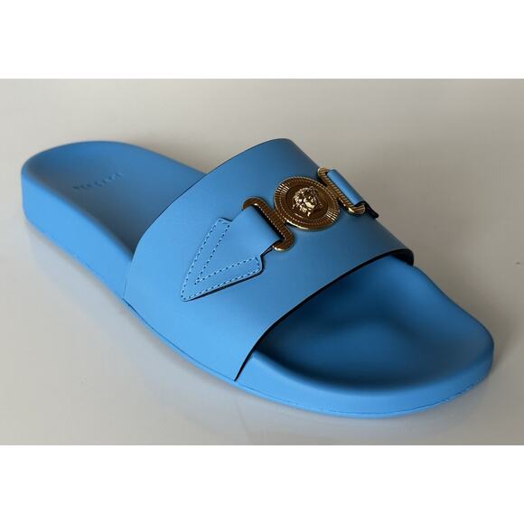 NIB $575 Versace Gold Medusa Leather/Rubber Sandals Blue 9.5 (42.5) 1004983 IT main image 11